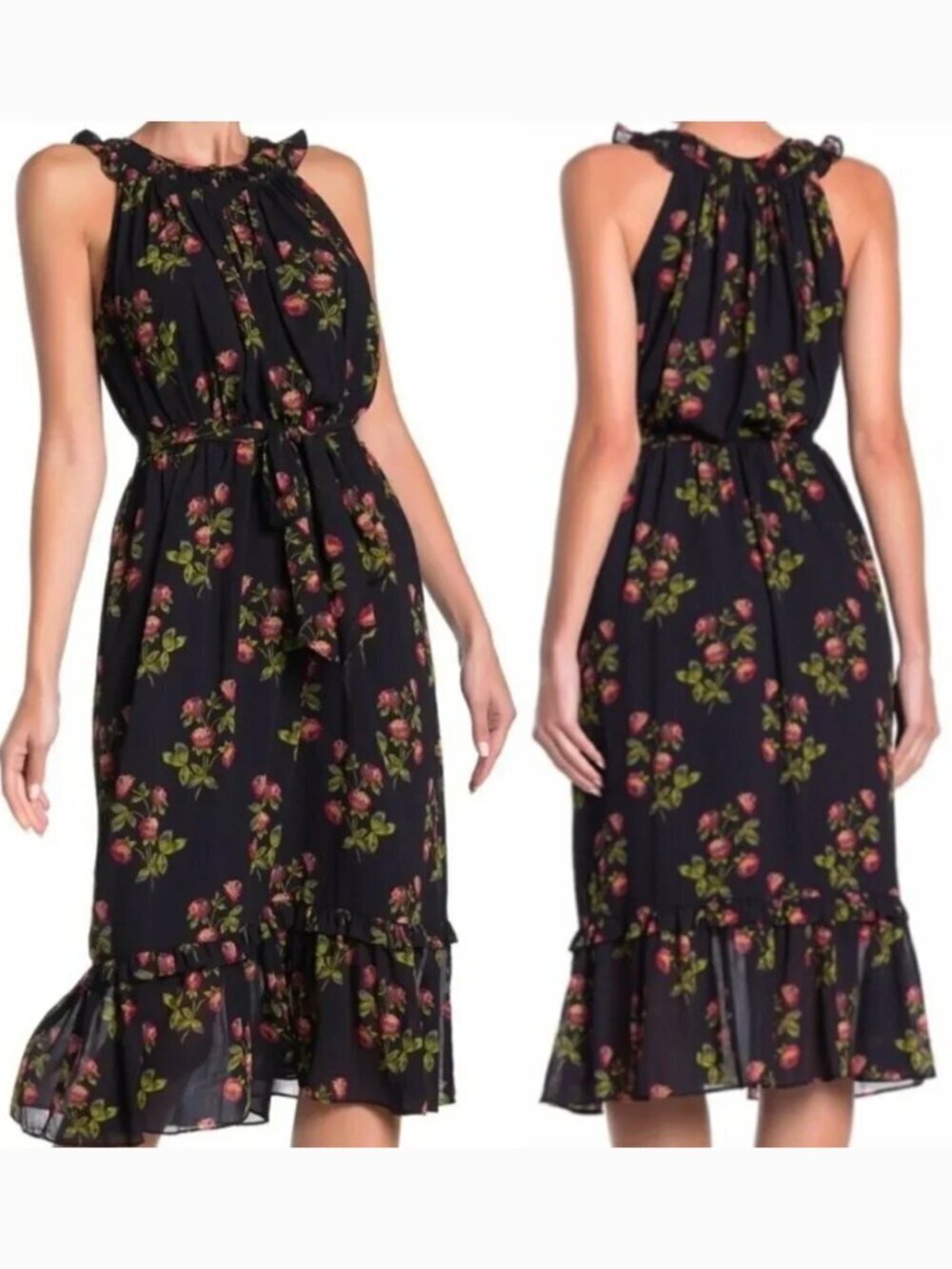 POINT SUR J. CREW PETITE High Neck Ruffle Floral Dress Navy Blue Midi 6P NO BELT